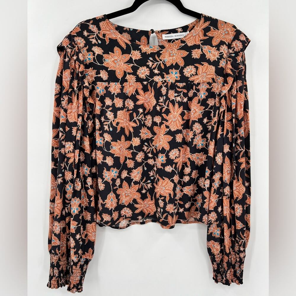 Rebecca Minkoff Floral Blouse Top Ruffle Shoulder Smocked Sleeve Flower Large